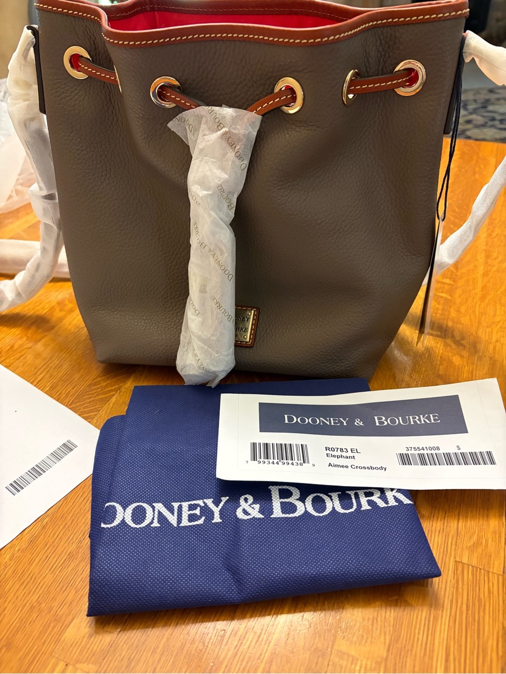 Dooney & Bourke Taupe & Red Leather AIMEE Crossbody Drawstring Shoulder Bag